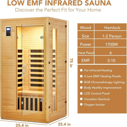 Infrared Sauna Built for Home Wellness, Low EMF Carbon Panels, Hemlock Wood, Bluetooth, Chromotherapy