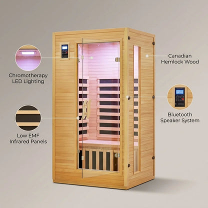 Infrared Sauna Built for Home Wellness, Low EMF Carbon Panels, Hemlock Wood, Bluetooth, Chromotherapy