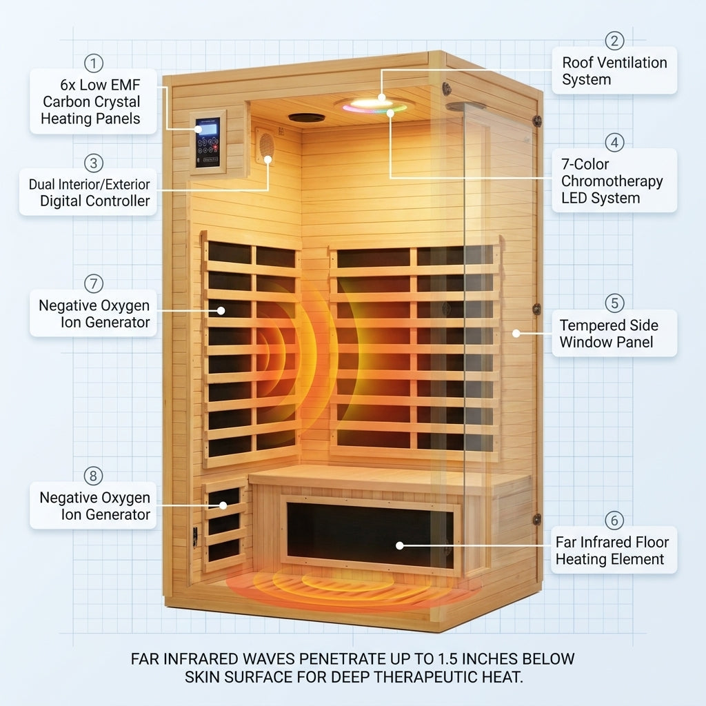 Infrared Sauna Built for Home Wellness, Low EMF Carbon Panels, Hemlock Wood, Bluetooth, Chromotherapy