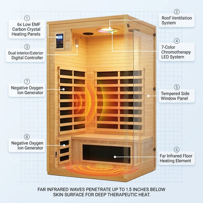 Infrared Sauna Built for Home Wellness, Low EMF Carbon Panels, Hemlock Wood, Bluetooth, Chromotherapy