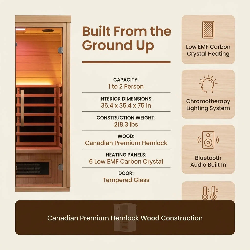 Infrared Sauna Built for Home Wellness, Low EMF Carbon Panels, Hemlock Wood, Bluetooth, Chromotherapy