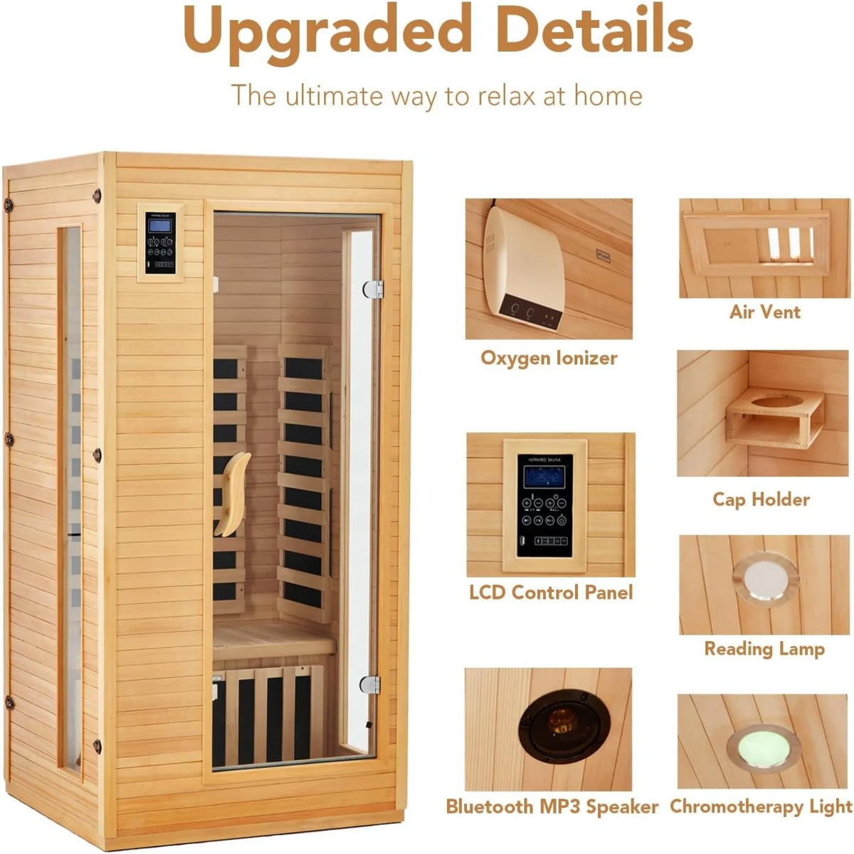Infrared Sauna Built for Home Wellness, Low EMF Carbon Panels, Hemlock Wood, Bluetooth, Chromotherapy