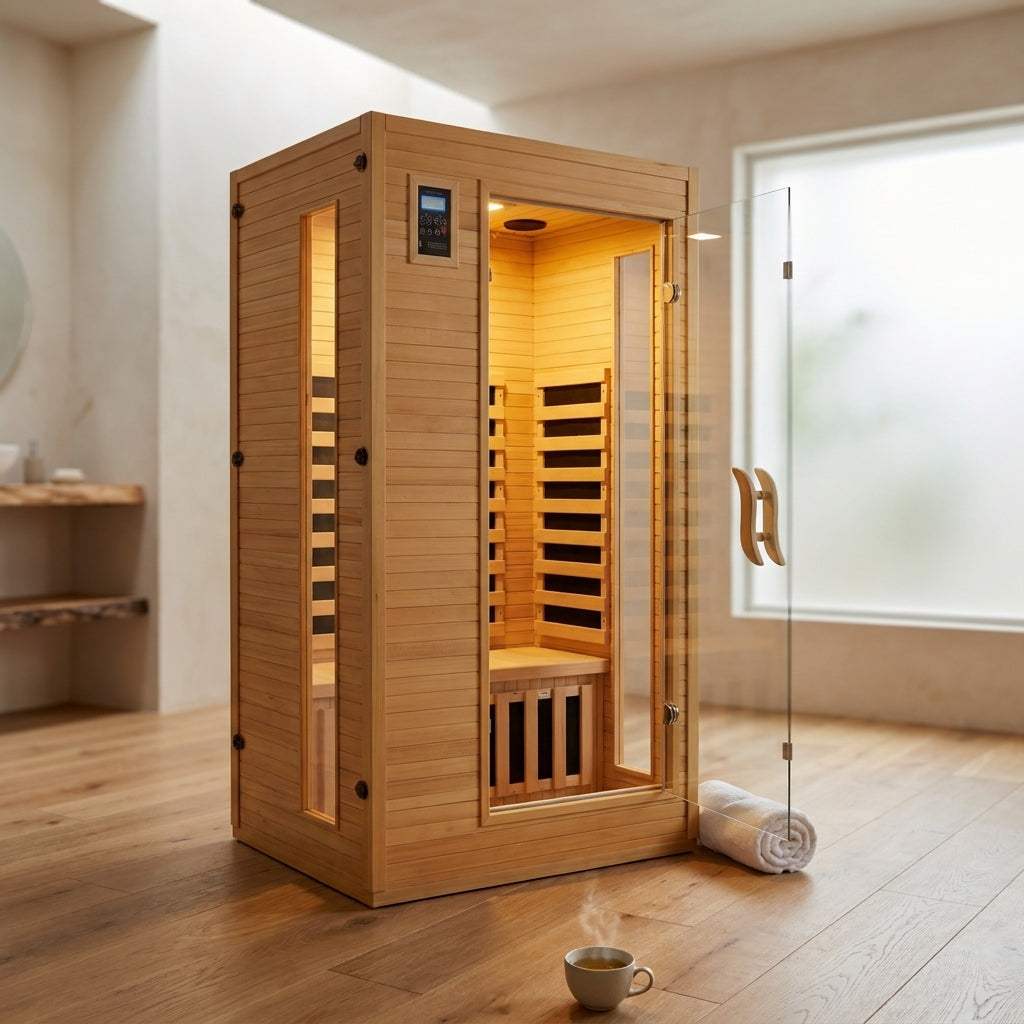 Infrared Sauna Built for Home Wellness, Low EMF Carbon Panels, Hemlock Wood, Bluetooth, Chromotherapy